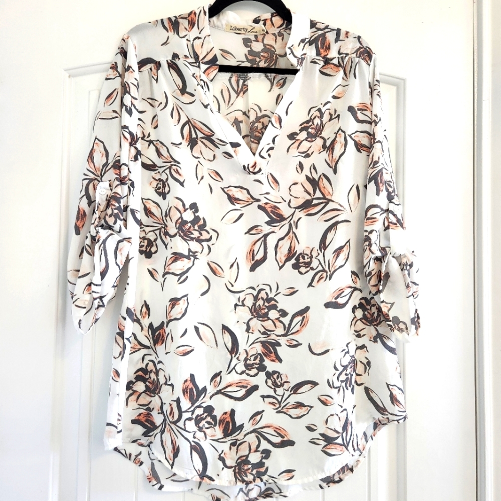 Liberty Love White & Peach Floral Shirt Blouse Top Large